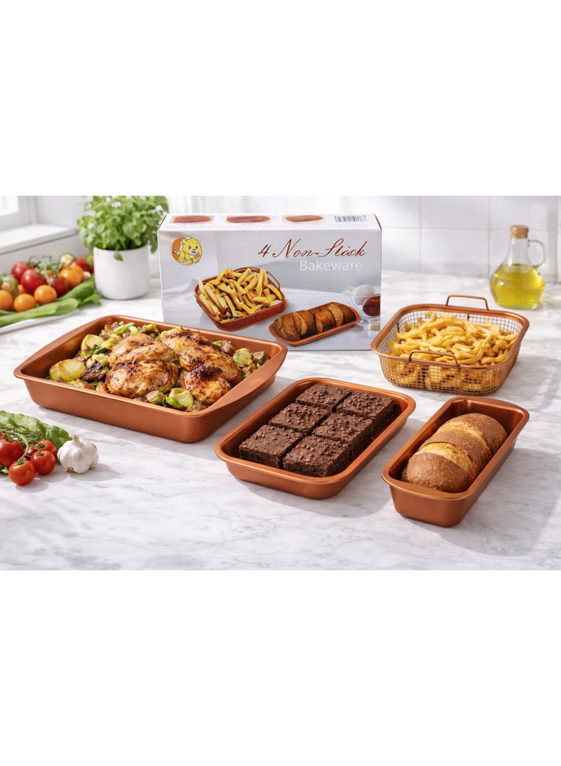 DubaiGallery Complete 4PCS Baking Set Nonstick Copper Finish with Air Fry Basket, Square Cake Pan, Deep Baking Tray and Bread Loaf Mold, Heat Resistant and Easy Food Release - Image 2